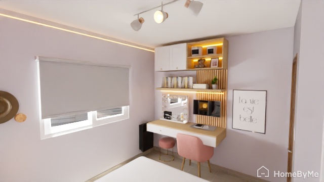 Interior de un dormitorio pequeño y moderno con tocador, silla y estanterías integradas.