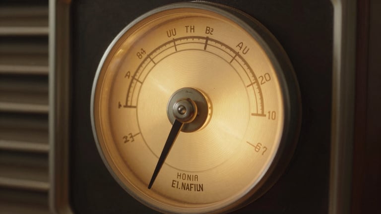 Close detail of a vintage radio dial glowing amber-gold, tuning needle resting on a frequency mark, warm studio light from the side, shallow depth of field