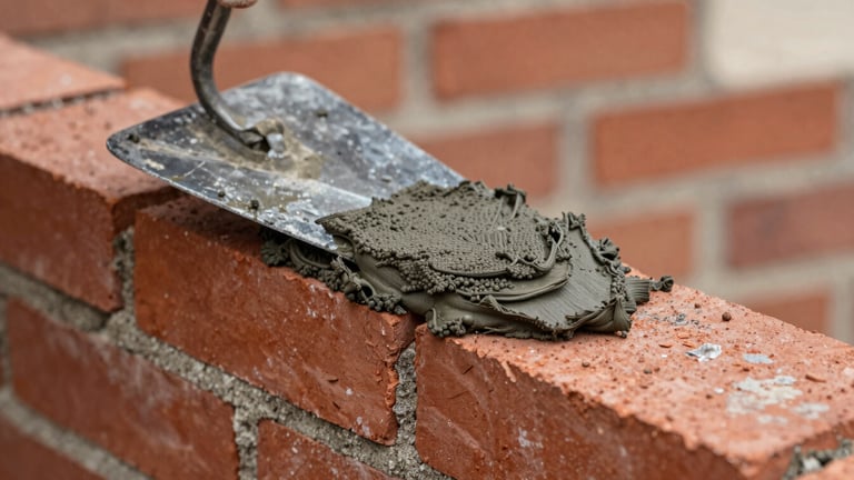Close-up, detailed shot of a mason's trowel applying mortar to brick during tuckpointing, sharp focus on the texture of the brick and the fresh mortar, natural daylight.