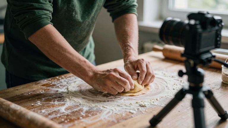 A professional camera on a tripod inside a rustic artisanal kitchen, close-up on hands kneading fresh pasta dough, soft Scandinavian daylight, moody natural shadows, 35mm film look.