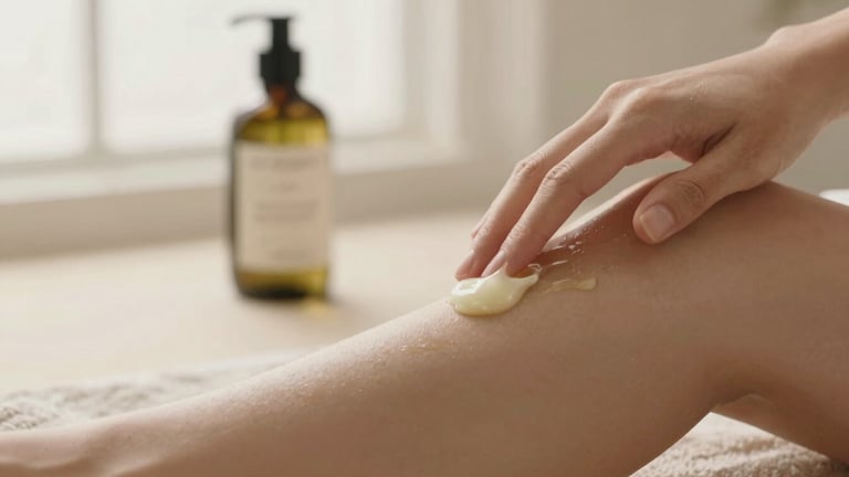 Soft-focus lifestyle shot of a hand gently applying a botanical balm to an arm, elegant product bottle blurred in background, warm diffused morning light, minimalist luxury spa setting, soft shadows, evoking a sense of tranquil recovery.