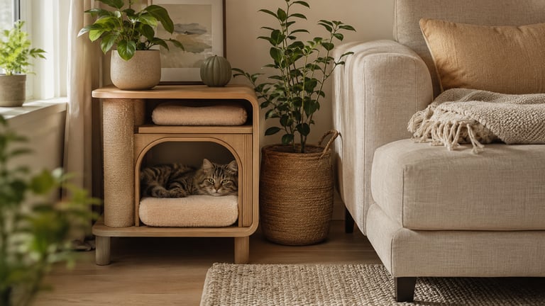 Wooden cat bed side table with sisal post, indoor plants, beige sofa and a resting cat.