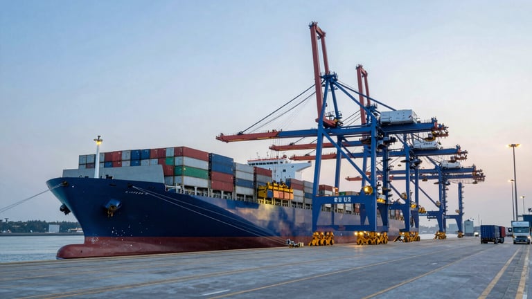 Wide panoramic shot of a modern shipping port at dawn, a large container ship docked on the left, cranes actively loading containers, a few trucks visible on the right, soft industrial lighting, medical blue tones