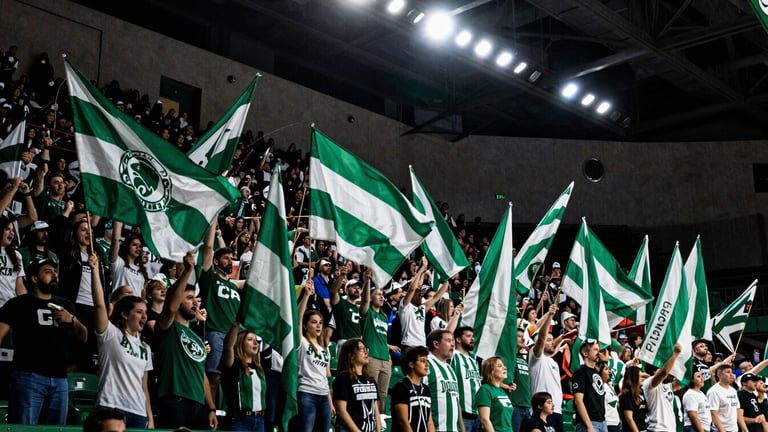 Wide environmental shot of a packed gymnasium in Plescop, passionate local supporters in the stands waving green and white flags, high-contrast arena lighting.