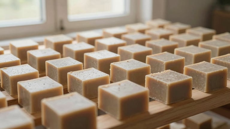 Wide panoramic shot of rows of artisanal soap blocks curing on wooden racks in a softly lit, quiet room, sun-drenched natural light filtering through a window, raw earthy tones, shallow depth of field, 35mm.