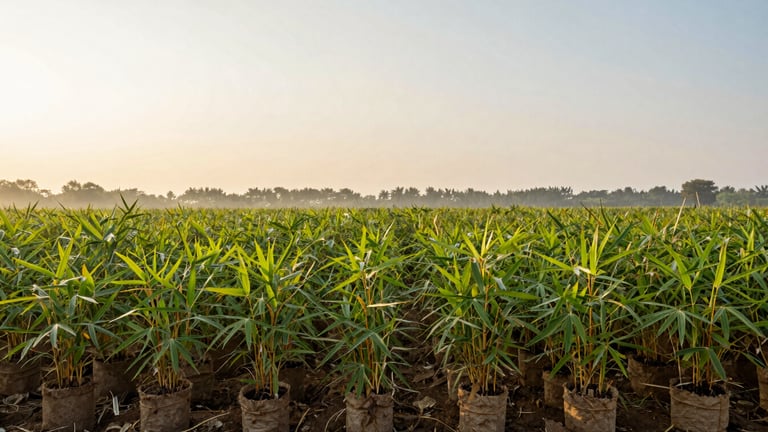 Wide panoramic shot of a thriving bamboo nursery at golden hour, rows of vibrant green seedlings in biodegradable pots, soft morning mist, expansive sky.
