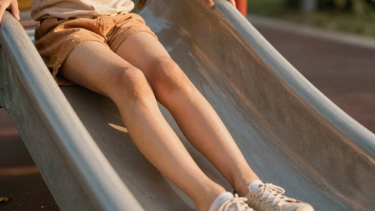 Macro action shot of a young girl's knee as she slides down a concrete playground slide, focusing on the textured clay-colored fabric stretching without tension, warm sunlight highlighting the weave.