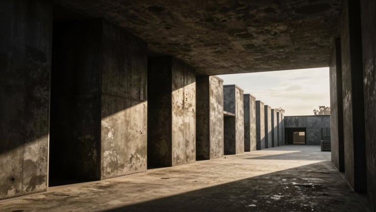 Photographie d'architecture au objectif à décentrement, couloir de béton brut menant vers un espace baigné d'une lumière intense, contrastes marqués et lignes épurées.