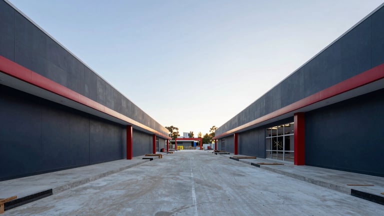 Wide-angle architectural shot of a clean, coordinated commercial construction site in Melbourne, emphasizing structural lines and clear access ways