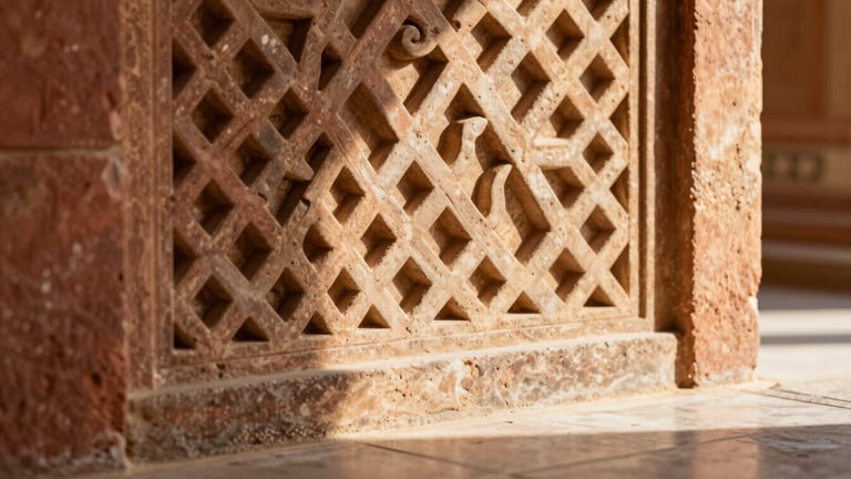 Close-up of a hand-carved Rajasthani stone screen, warm sunlight streaming through the geometric patterns, casting soft shadows on a polished floor.