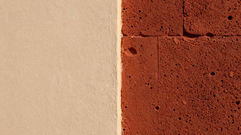 Macro detail of hand-polished lime plaster wall meeting a raw laterite stone block, showing contrasting textures of smooth white and porous red earth, soft side light.