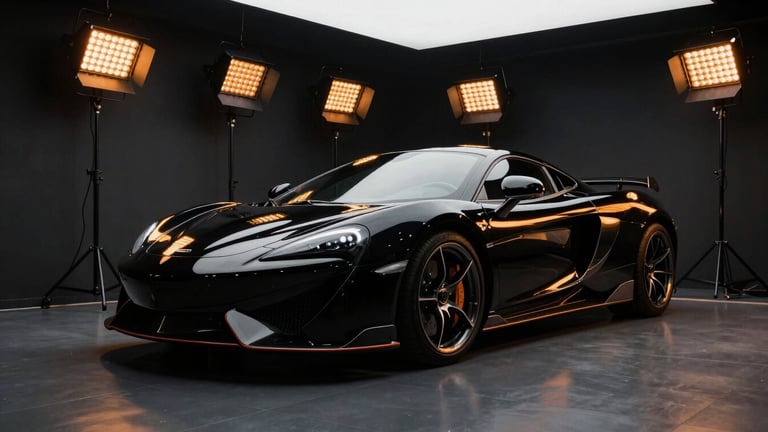 Wide panoramic view of a luxury sportscar in a dark, cleanroom-grade detailing bay, bathed in amber infrared curing lamps, with sharp reflections on its glossy black paint, low angle, 35mm lens.