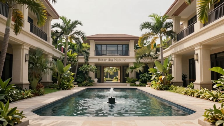 Wide shot of Botanika Nature Residences' central landscaped garden, featuring a tranquil water feature and lush tropical foliage, soft natural daylight, architectural details, warm editorial photography