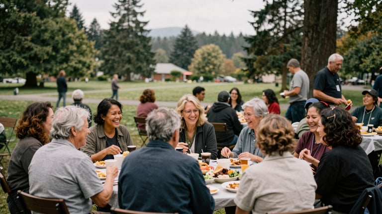 Wide shot of a diverse group of Washington community members of all ages, laughing and sharing a meal at an outdoor potluck in a park, soft overcast Pacific Northwest daylight, candid, earthy natural tones, 35mm film