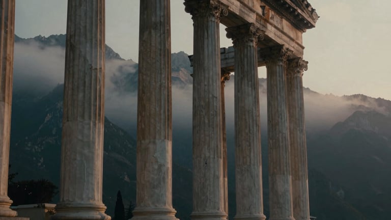 Dramatic low-key photography of towering Doric columns emerging from misty mountain peaks at dawn, weathered marble textures, golden-hour side light, cinematic 35mm film