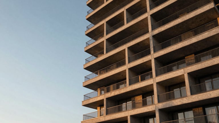Wide panoramic architectural facade at golden hour, modern low-rise balconies with subtle warm lighting catching the concrete and railing geometry, expansive sky to the left, building occupying the right two-thirds, no people or activity—focus on proportion and materiality.