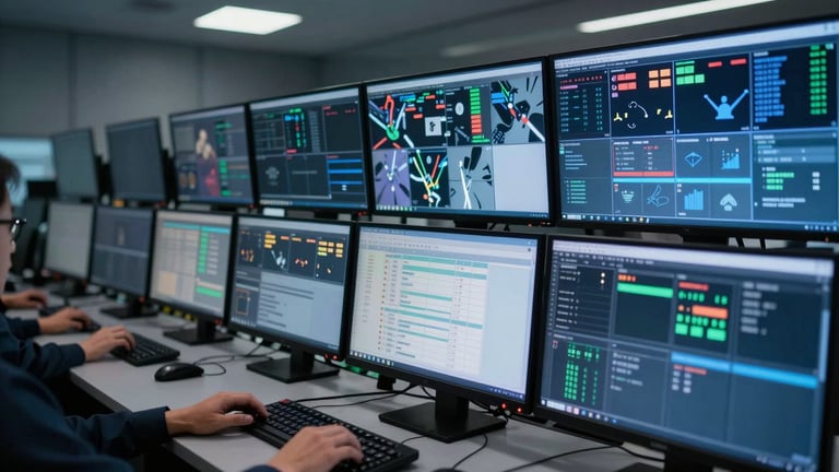 Wide environmental shot of a network operations center at night, multiple screens displaying live traffic dashboards and security alert feeds, blue-tinted monitor glow on a dark room, operator hands visible at keyboard in lower frame