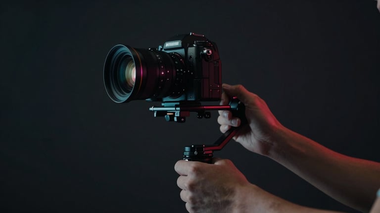 Close-up of hands adjusting a high-end camera rig on a gimbal, dark studio environment, dramatic directional lighting