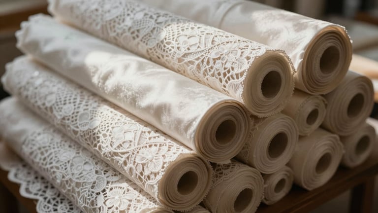Close-up of luxurious rolls of Calais lace and Como silk fabrics, stacked in a quiet atelier, soft north-facing daylight casting gentle shadows, editorial fashion photography.