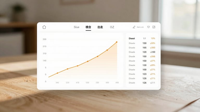 Clean screenshot of a minimalist author dashboard showing rising analytics graphs and click data, warm paper tones, soft natural light