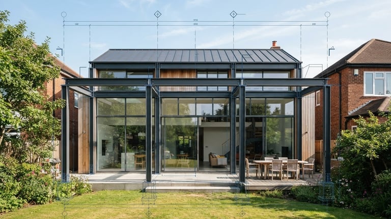 Sharp architectural photography of a modern residential extension with exposed steel beams, clean geometric lines, crisp daylight, technical blueprint line overlay, 35mm.