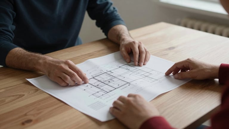 Close-up of hands reviewing physical architectural blueprints and strategic documents on a large wooden table, soft north-facing daylight streaming in, minimalist Scandinavian interior.