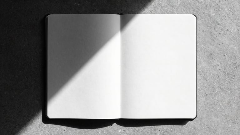 Stark orthographic flat-lay of an empty, unlined open notebook on a raw concrete surface, harsh direct sunlight casting a sharp diagonal shadow across the page, high-contrast monochrome