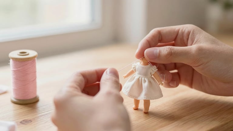 Hands of an artisan stitching a tiny cotton dress for a doll, soft morning light, spool of thread on a wooden table, warm tones, shallow depth of field