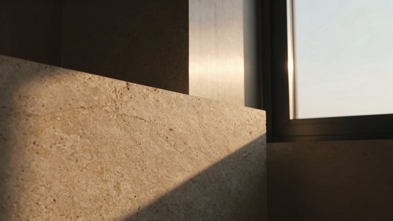 Tight macro-detail of warm travertine stone showing natural organic textures, contrasted against a sharp brushed titanium structural frame, dramatic side lighting, 35mm.