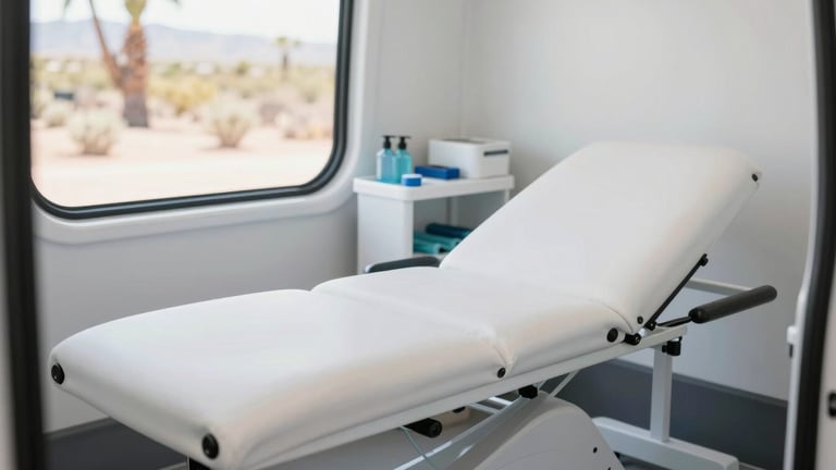 Clean, modern interior shot of a mobile physical therapy vehicle, showing a professional treatment table and various clinical tools, bright and airy.