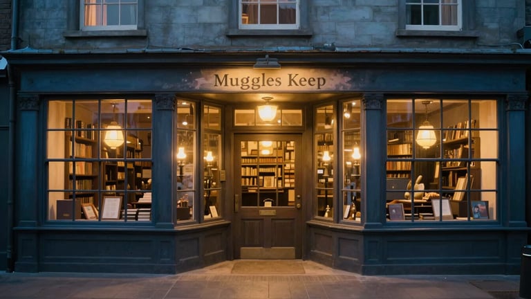 Wide panoramic shot of Muggles Keep storefront exterior at golden hour, warm light on the entrance, cozy and inviting, with a subtle sign, 35mm, shallow depth of field, deep blue and gold tones.
