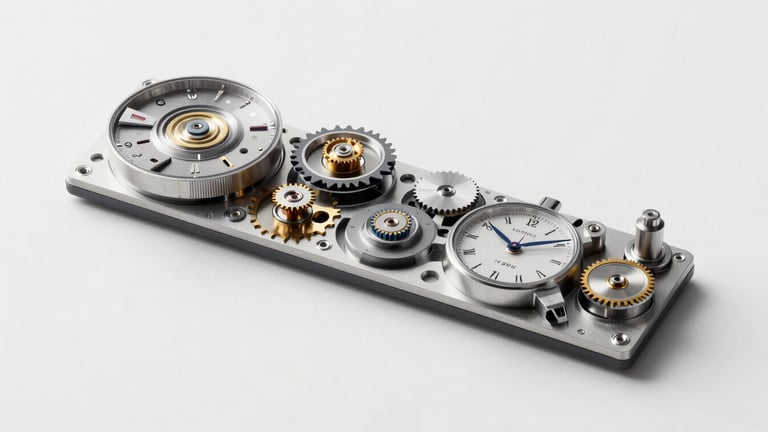 Plano técnico a escala completa del movimiento mecánico del Reloj T1, vista explotada de los componentes del calibre automático, líneas precisas, fondo blanco.