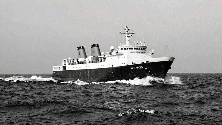Archival black-and-white panoramic photograph of the MV Wyuna cutting through heavy seas, dramatic, powerful, 21:9 frame, low horizon, 35mm lens.