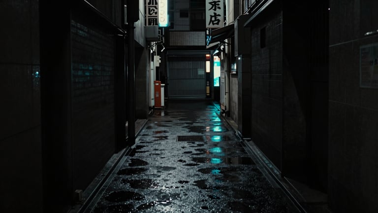 Dark cinematic photography of high-contrast Tokyo alleyway at night, desaturated tones with subtle neon cyan wet pavement reflections, 35mm anamorphic frame