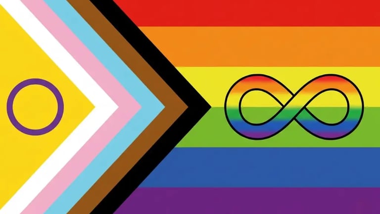 Modified Neurodiversity-Inclusive Progress Pride flag, with infinity symbol, used by Angela Piecyk