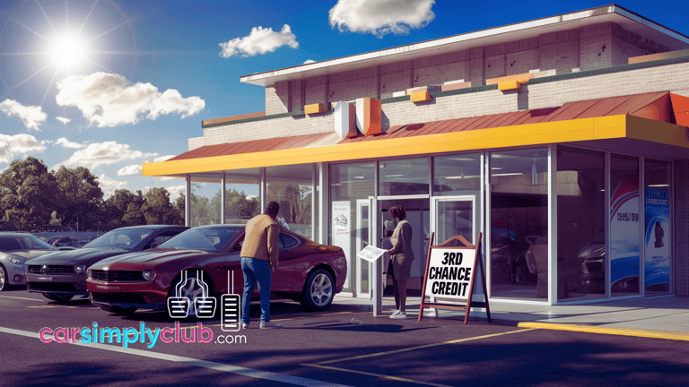 a man standing in front of a car dealership