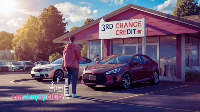 a man standing in front of a car dealership with a "3rd chance credit" sign