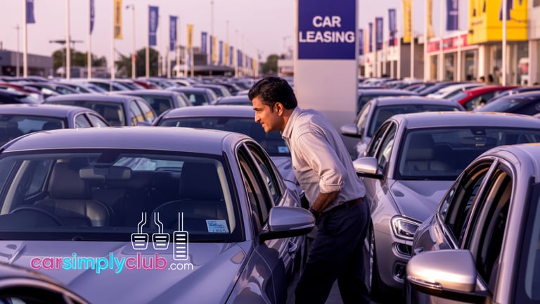 a man in a row of cars shopping for a car in a car lot