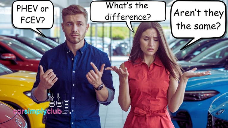 Confused car buyers at a dealership questioning the difference between PHEV and FCEV vehicles.