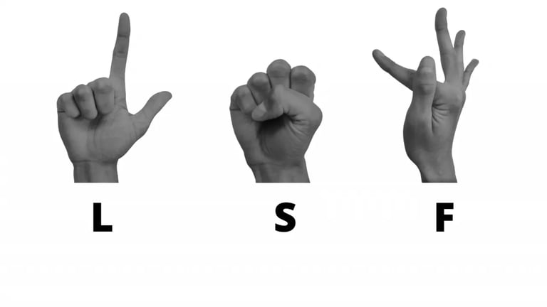 L'image est en noir et blanc, elle représente trois mains qui signe , la première signe un L, la de