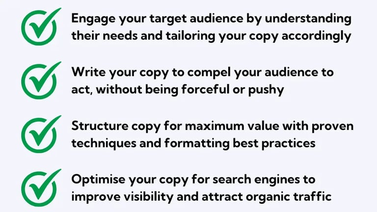 Copywriting best practices - engage, compel, offer value, optimise for search engines