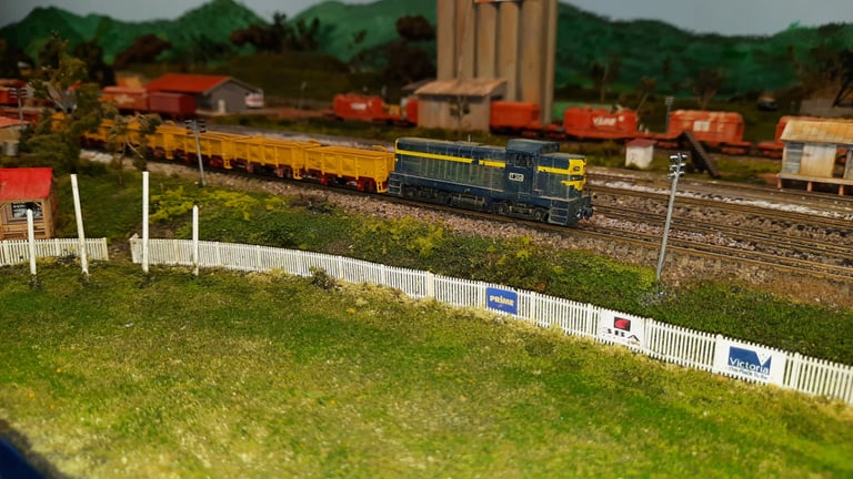 A goods train leaves Widgeree station passing the local AFL ground