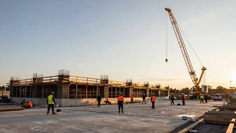 Panoramic wide environmental shot, a full crew working on a large concrete pour at an industrial construction site in northern Denmark, golden hour light raking across the formwork, crane silhouetted against pale sky to the right, workers spread across the frame in active positions, no posed arrangement