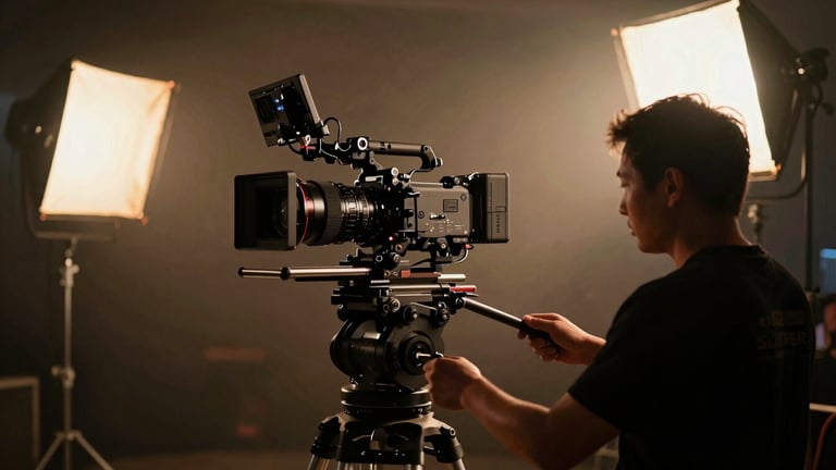 Behind-the-scenes anamorphic shot of a high-end camera rig on a dimly lit movie set, practical amber key lights cutting through haze, technical focus puller in shadow.