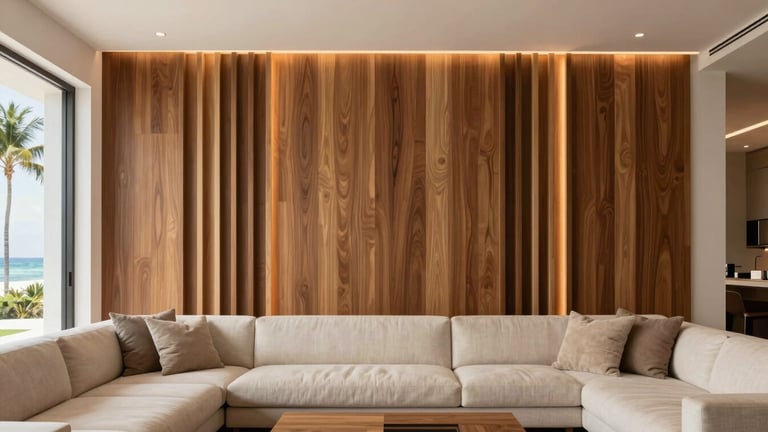 Straight-on architectural photography of a luxury Sarasota living room featuring a custom walnut wood slat wall with warm integrated LED lighting casting a soft glow, 35mm, bright coastal daylight