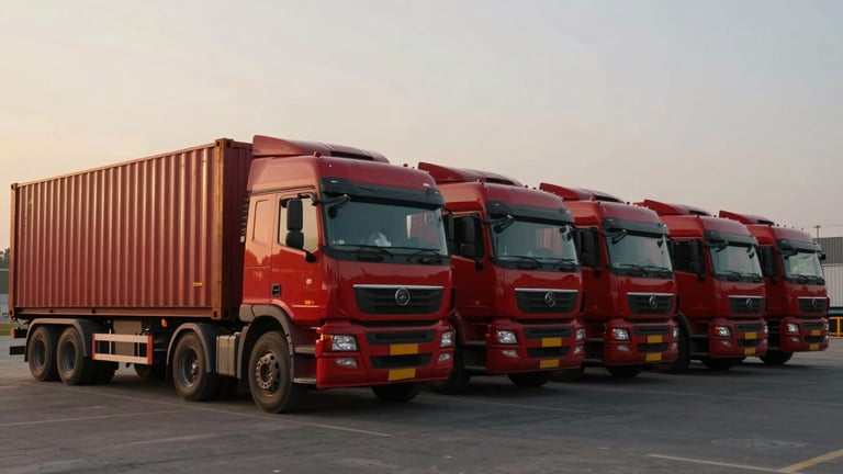 Cinematic wide-angle shot of multiple red container trucks parked in perfect alignment at the Bhiwandi logistics hub during morning golden hour, 35mm lens.