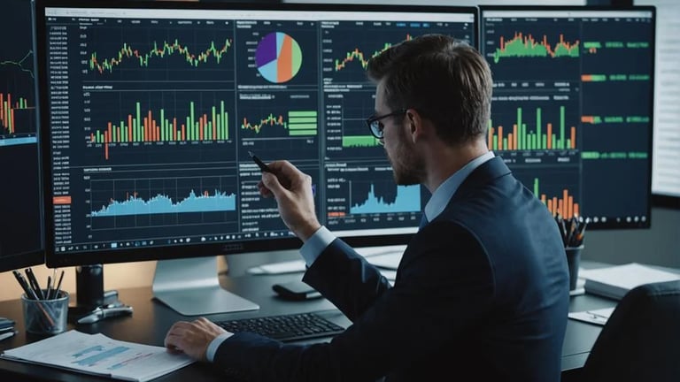 Executivo olhando para um computador cheio de infográficos e analisando os resultados que investiu