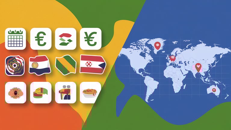 a map of the world with a symbols from different countries