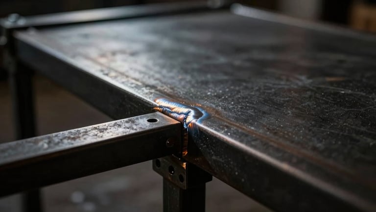 Dark low-key editorial photography of a steel-framed table joint, showing a seamless weld, matte black powder coating, dramatic side-lighting, 35mm