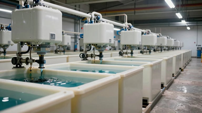 Wide-angle installation photograph of a working commercial RAS facility — rows of off-white PP fish pond boxes with drum filter units mounted above, water pipes and fittings in full view, industrial site lighting, no people visible, shot from the aisle looking down the length of the tank row